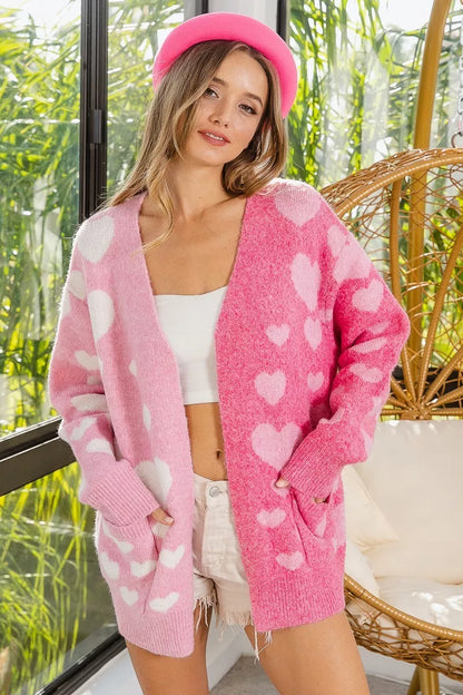 BiBi Heart Color Block V-Beck Knit Cardigan with Pockets