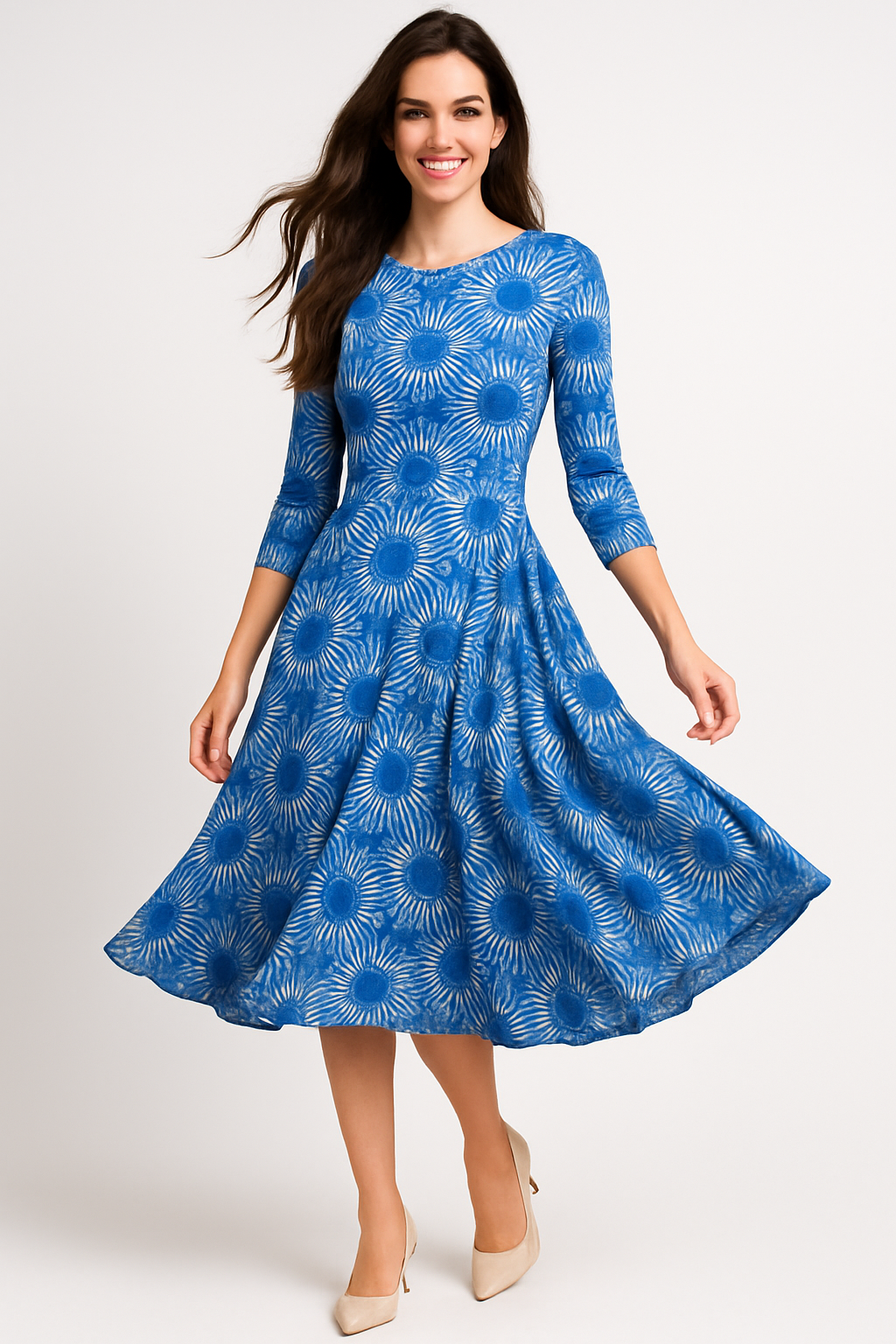 Mid-Calf 3/4 Sleeve Swing Dress with Pockets