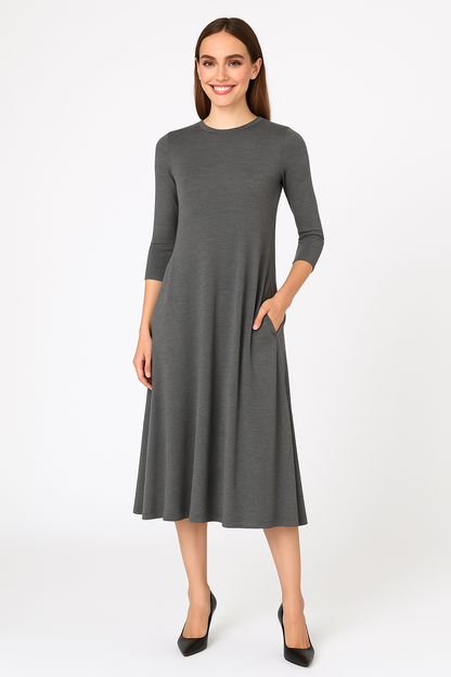 Mid-Calf 3/4 Sleeve Swing Dress with Pockets