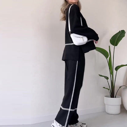 Women’s Solid Color Casual Two-Piece Set – Loose Top & Bootcut Pants Suit