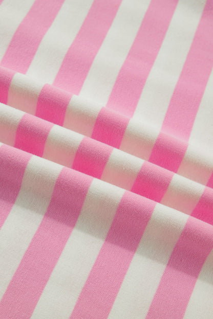Pink Stripe Collar V Neck Ruffled Short Sleeve Blouse