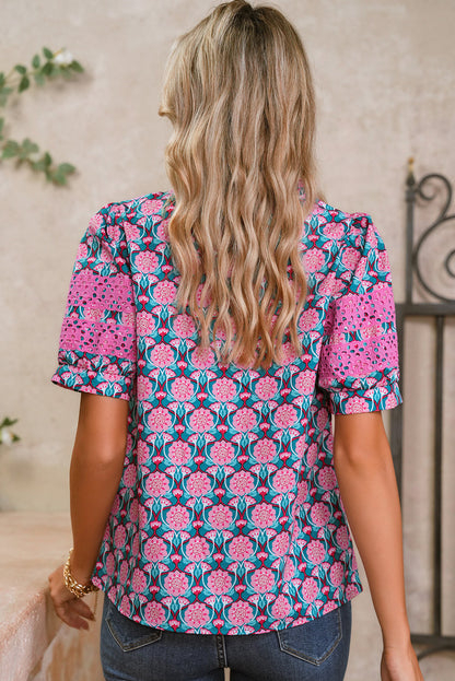 Sachet Pink Frill V-Neck Abstract Print Puff Sleeve Top
