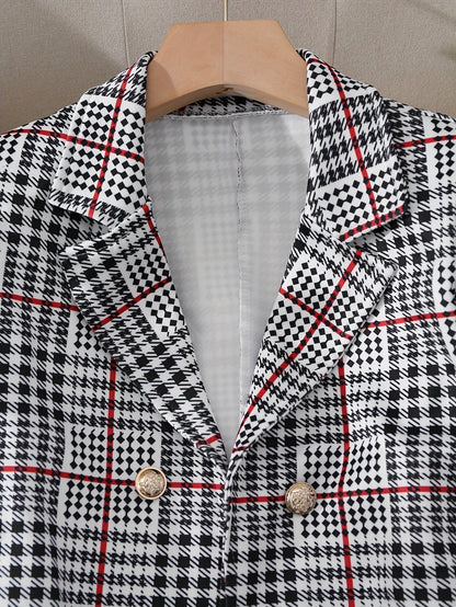 Plus Size Plaid Skirt Suit for Women – Two-Piece Blazer and High Waist Skirt Set