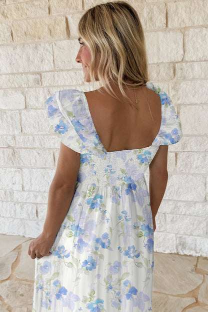Sky Blue Floral Smocked High Waist Double Ruffle Sleeveless Long Dress