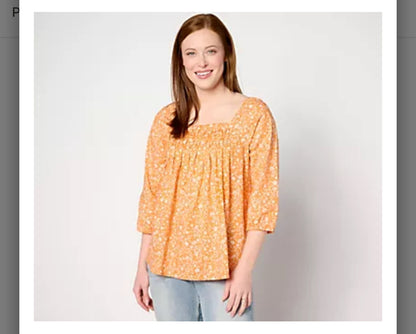 Denim & Co. Printed Square Neck Blouse with Pleating Detail
