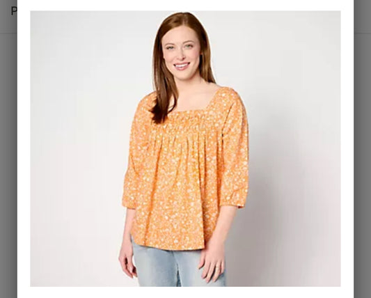 Denim & Co. Printed Square Neck Blouse with Pleating Detail