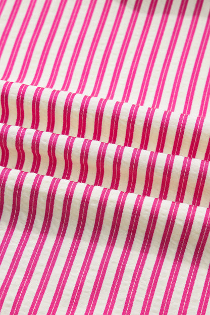 Rose Stripe Shirred Yoke Ruffled Short Sleeve Blouse