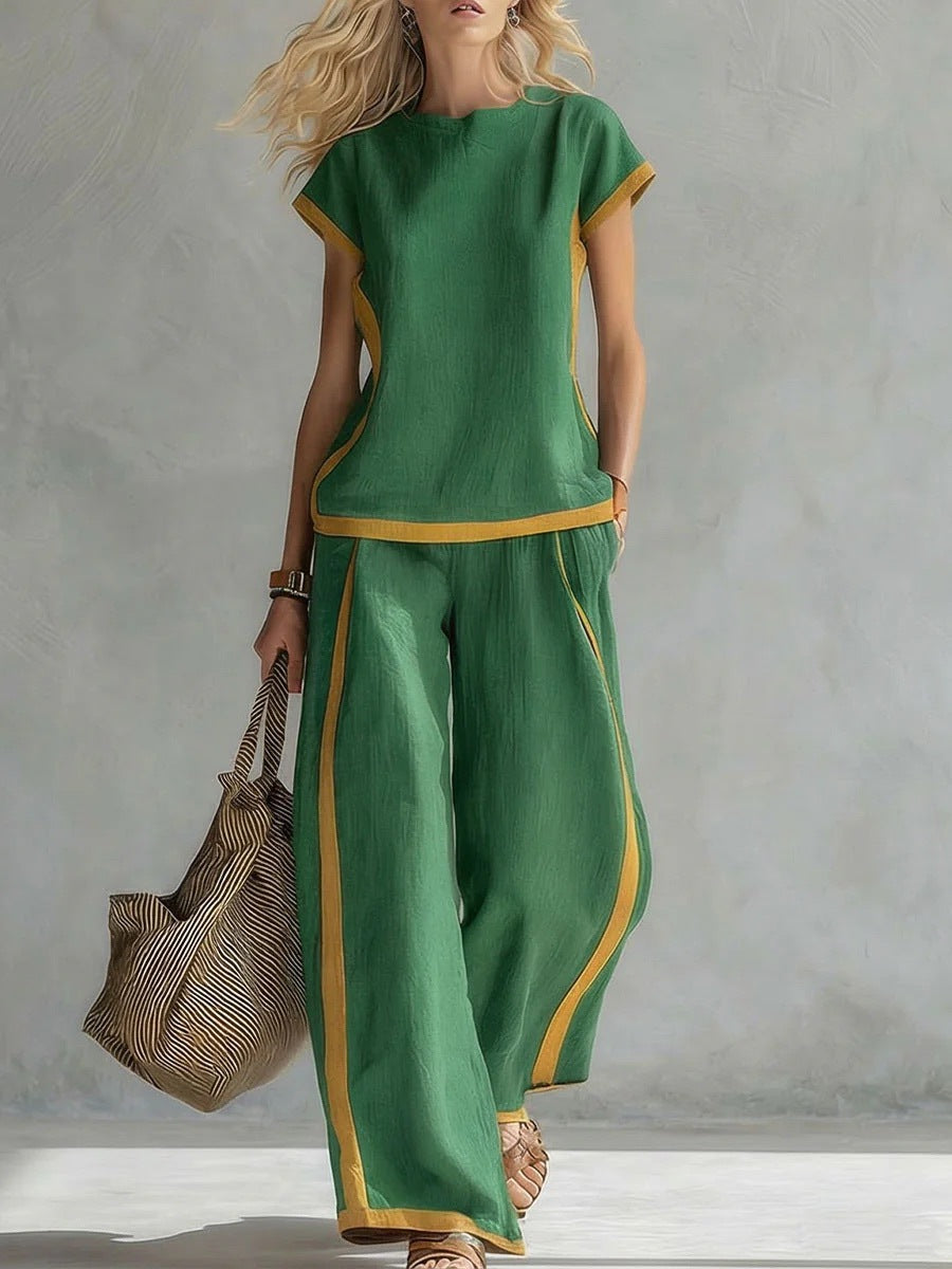 Solid Color Shirt & Wide-Leg Trousers Two-Piece Set