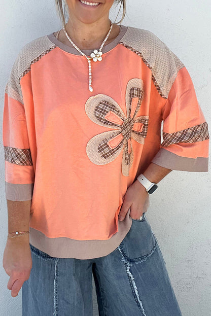 Grapefruit Orange Plaid Waffle Flower Patchwork Bracelet Sleeve Top