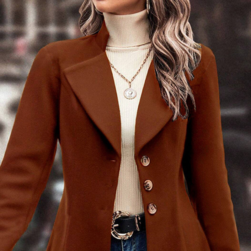 Women’s Winter Overcoat — Lapel Collar, Single-Breasted, Long Pea Coat