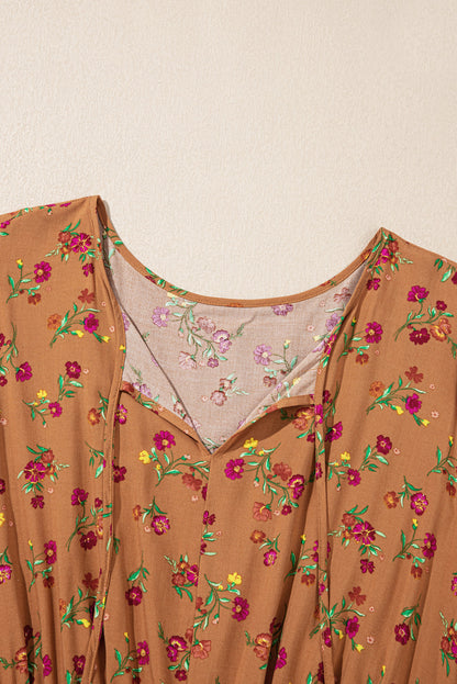 Brown Plus Size Floral Split V Neck Ruffled Sleeve Tiered Maxi Dress