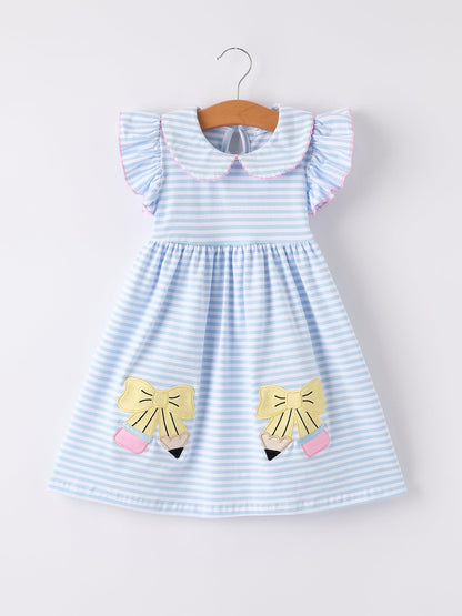 Back To School Girls Stripe Pencil Applique Bow Dress