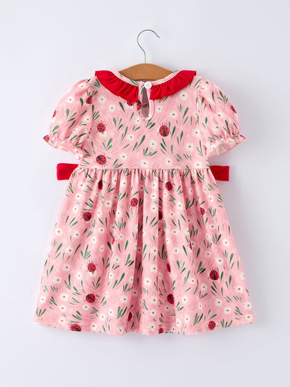 Spring Ladybug Smocked Embroidered Girls Dress