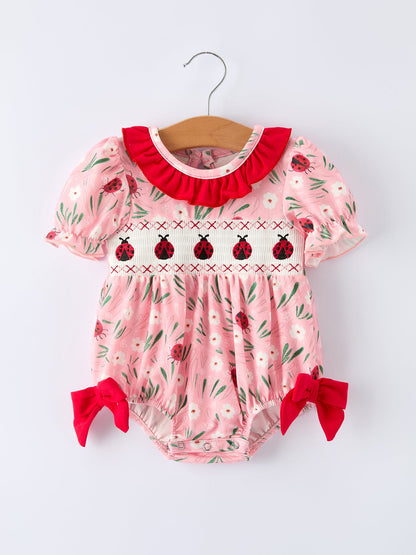 Spring Ladybug Smocked Embroidered Baby Girls Romper