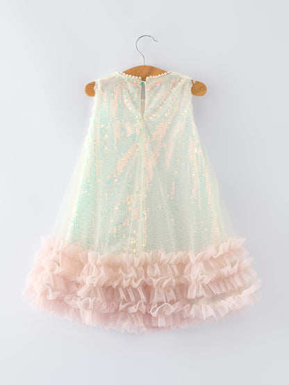Iridescent Sequin Bow Ruffle Tulle Girls Dress