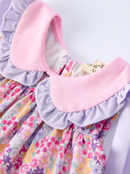 Spring Purple Floral Bow Ruffle Girl Bloomer Set
