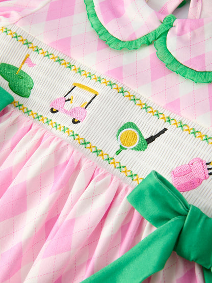 Spring Golf Embroidered Girls Smocked Bow Dress