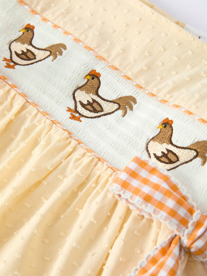 Farm Girl Chicken Smocked Bow Ruffle Dress