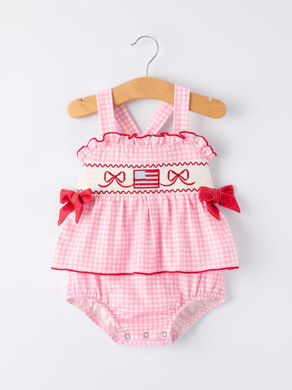 4th of July Plaid Girls Romper Bow Ruffle
