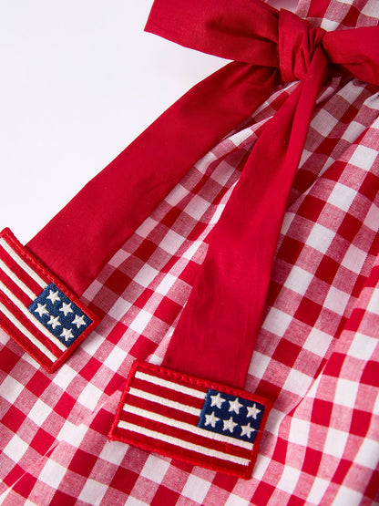 4th of July Flag Plaid Girl Peter Pan Collar Dress Bow
