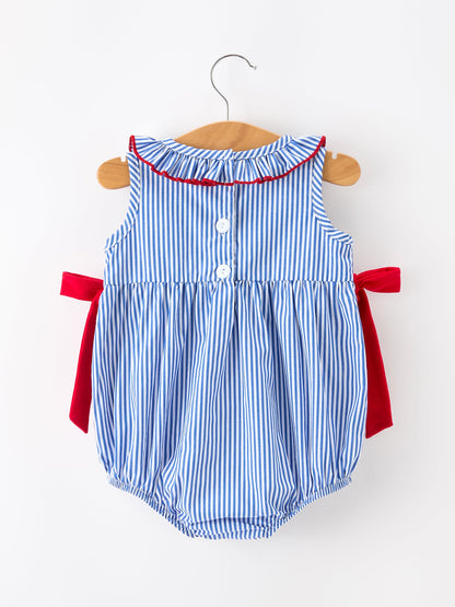 Girls 4th of July Plaid Romper Bow Smocked Embroidery