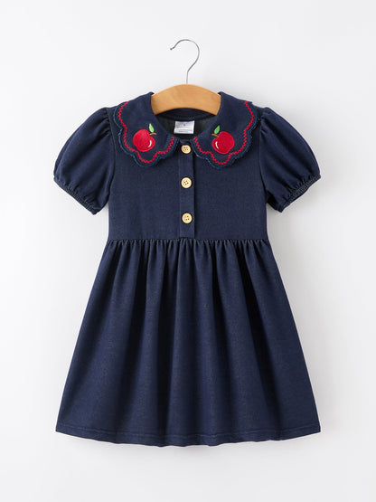Back to School Apple Applique Girls Dress Petals Collar