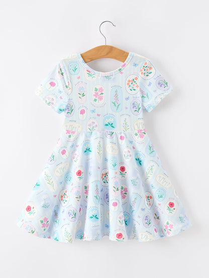 Summer Floral Botanical Girls Dress Blue Short Sleeve