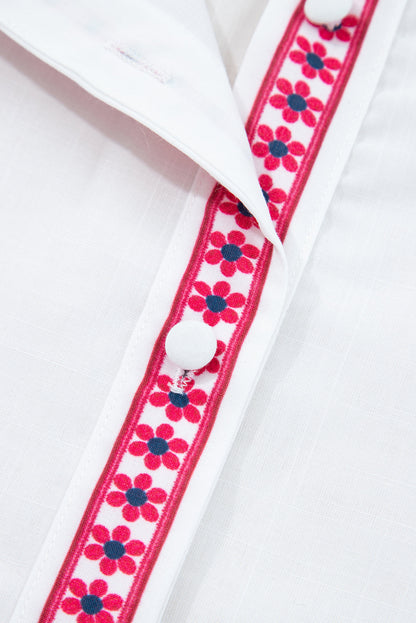 White Floral Embroidered Puff Long Sleeve Casual Shirt