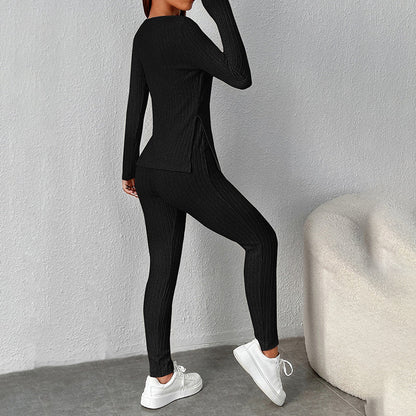 Women’s Ribbed Knit Long‑Sleeve Tee & Pants Lounge Set