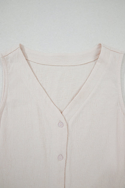 Apricot Buttoned V Neck Tank Top and Wide Leg Pants Casual Outfit