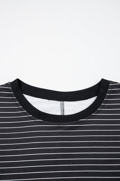 Black Stripe Ruffled Short Sleeve Crew Neck T Shirt Shift Mini Dress