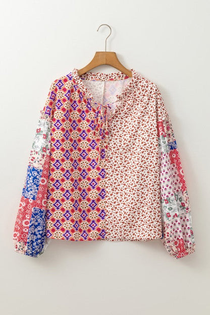 Floral Printed Long Sleeve Tied V Neck Blouse