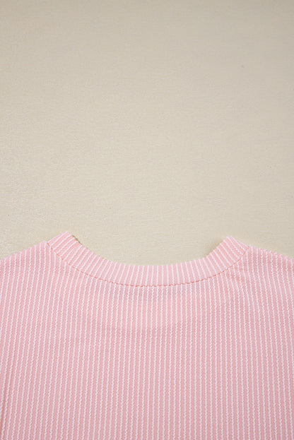 Pink Corded Knit Color Block Pocketed Crew Neck T Shirt
