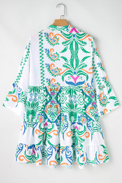White Ethnic Print Boho Button Tiered Mini Dress