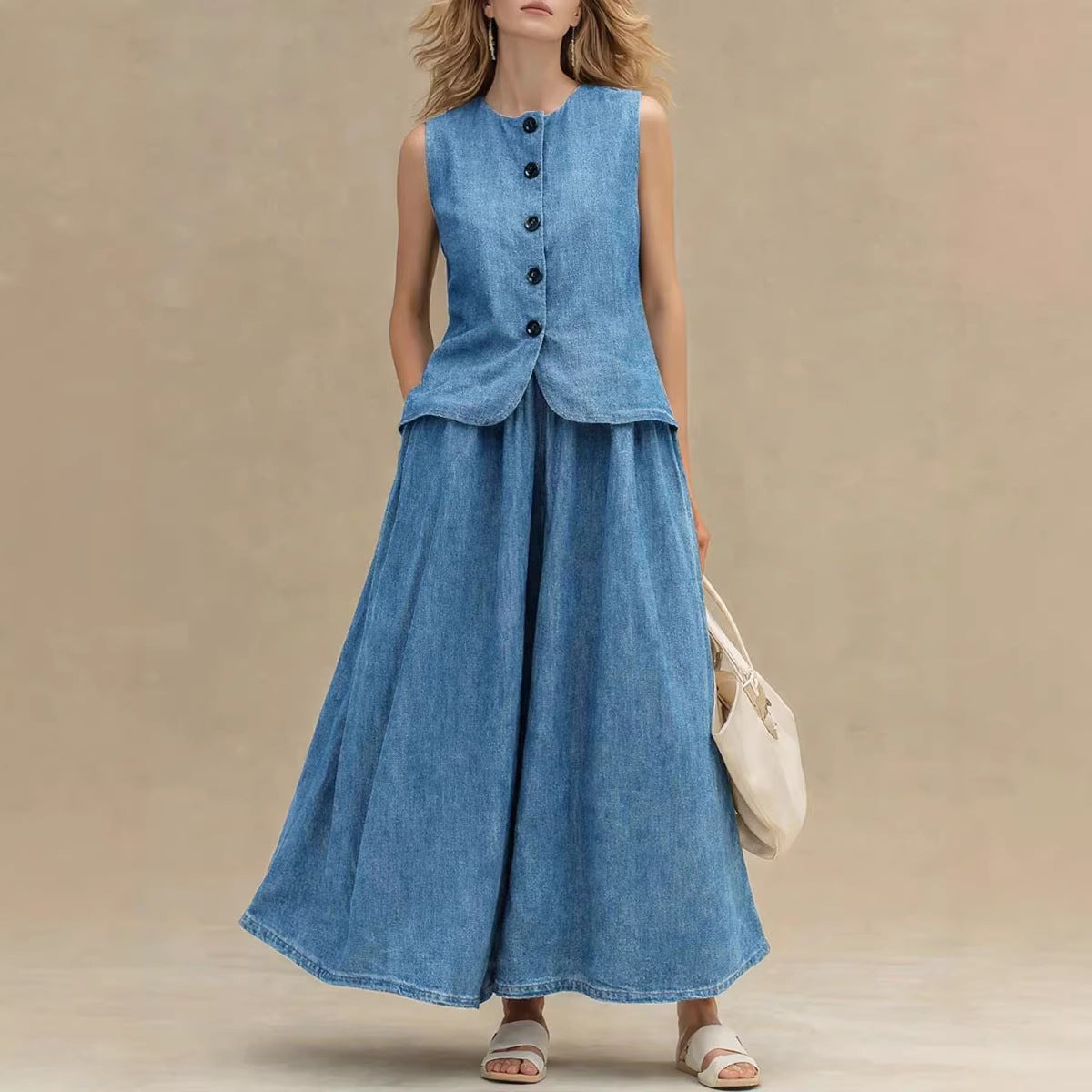 Women’s Crew Neck Denim Top and High-Waist A-Line Skirt Set