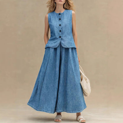 Women’s Crew Neck Denim Top and High-Waist A-Line Skirt Set