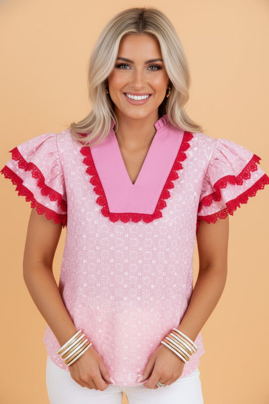 Flower Eyelet Embroidered Lace Flutter Sleeve Blouse