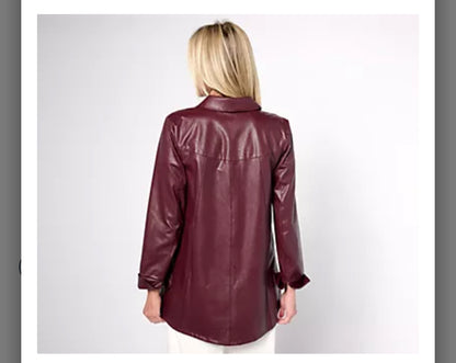 Dennis Basso Faux Leather Button Front Shirt. Black/X-Large.