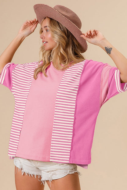 Pink Stripe Waffle Patchwork Loose T-Shirt