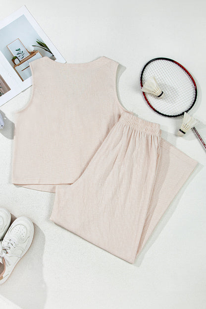 Apricot Buttoned V Neck Tank Top and Wide Leg Pants Casual Outfit