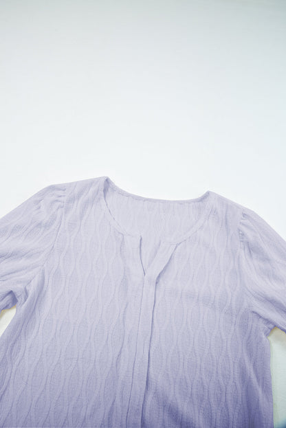 Beau Blue Solid Color Textured Notched Neck Puff Sleeve Blouse