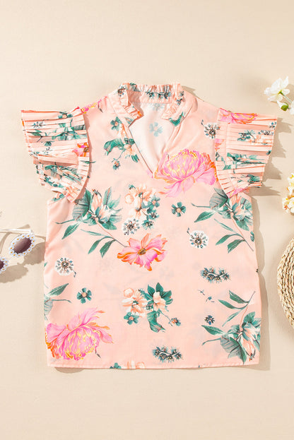 Pink Floral Print Frill V Neck Pleated Sleeve Blouse