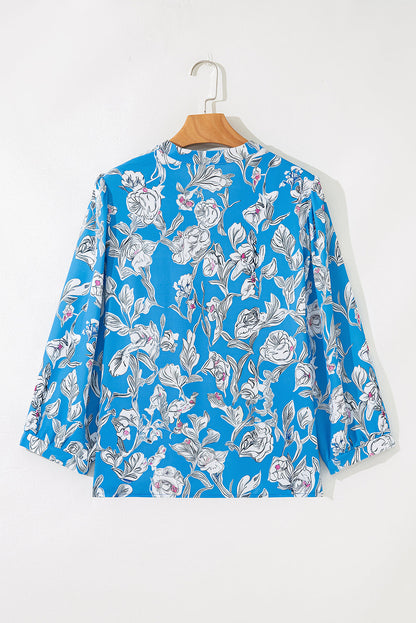 Sky Blue V Neck Floral Print 3/4 Puff Sleeve Blouse