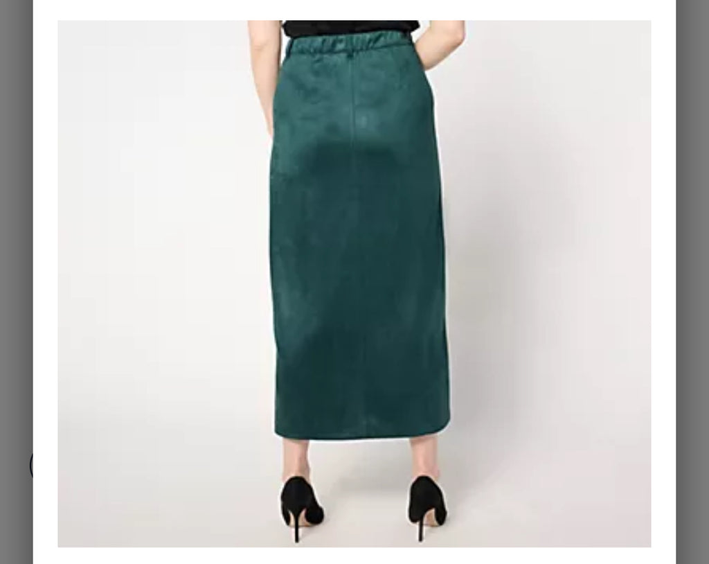 Isaac Mizrahi Live! Regular Estate Stretch Faux Suede Midi Skirt. Black/XXL