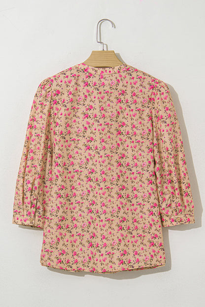Light French Beige Floral Print Bow Pintuck Bust Half Puff Sleeve Blouse Top