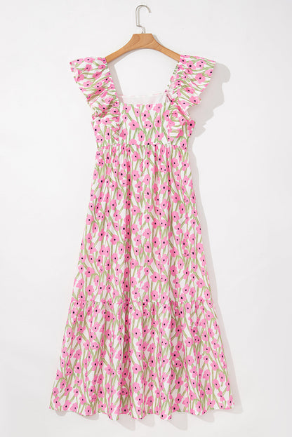 Blue Floral Print Square Neck Ruffled Strap Maxi Dress