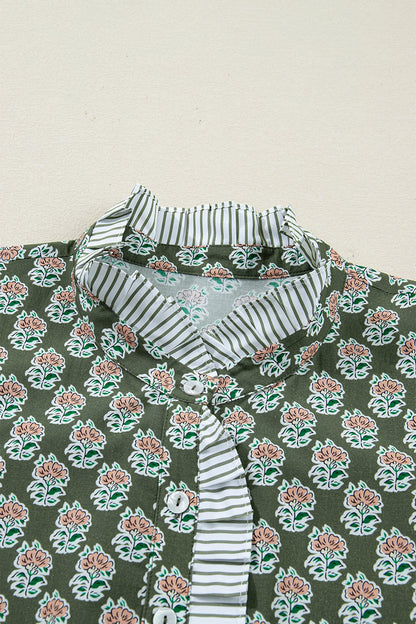 Green Contrast Striped Frilled Collar 3/4 Sleeve Plus Size Floral Dress