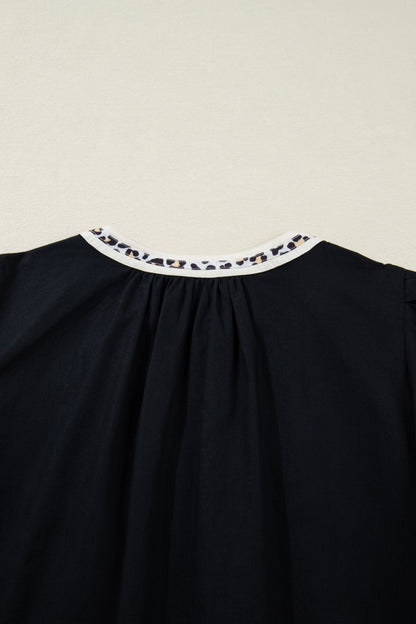 Black Leopard Trim Notched Neck Short Puff Sleeve Shift Mini Dress