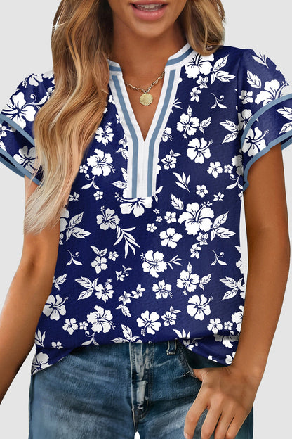 Floral Contrast Trim Split Neck Ruffle Sleeve Blouse