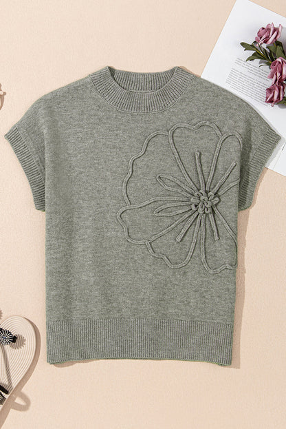 High Flower Pattern Ribbed Trim Short Sleeve Boxy Sweater